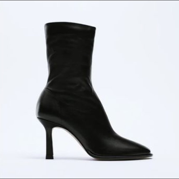 NWT. Zara Black Leather High-Hell Ankle Boots. Size 10. 6,5 - Picture 1 of 10